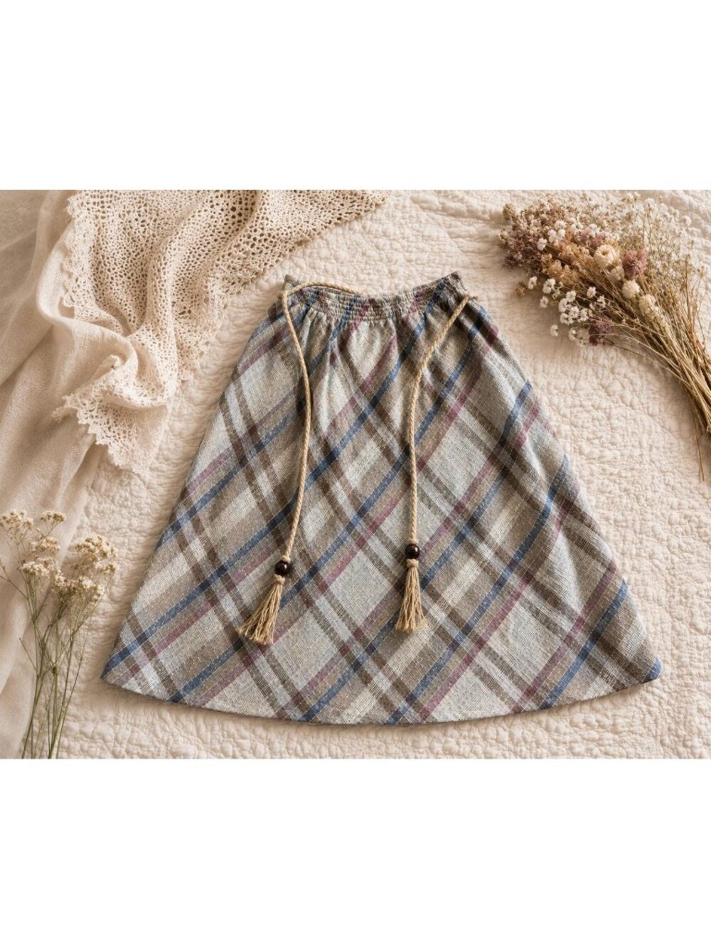 Vintage Neutrals Plaid Drawstring Midi Skirt Cottagecore Prairie Boho Skirt
